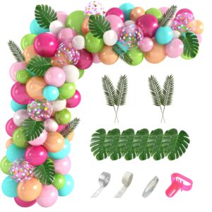 amandir 140pcs tropical balloons arch garland kit, green hot pink confetti latex balloons palm leaves for tropical hawaii flamingo birthday baby shower wedding party decorations supplies