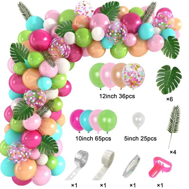 Amandir 140PCS Tropical Balloons Arch Garland Kit, Green Hot Pink Confetti Latex Balloons Palm Leaves for Tropical Hawaii Flamingo Birthday Baby Shower Wedding Party Decorations Supplies