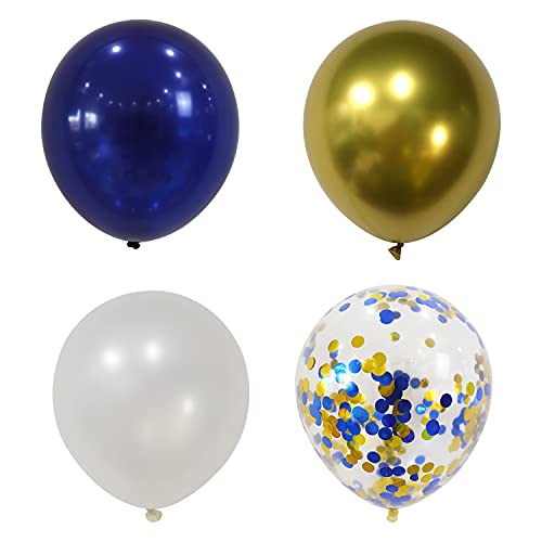 Tuoyi 100pcs Royal Blue Chrome Metallic Balloons Set, 12 Inch White Gold and Blue Balloons, Confetti Balloons for Wedding Engagement, Birthday Balloons