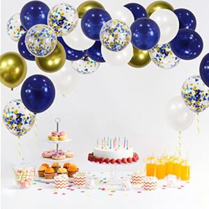 Tuoyi 100pcs Royal Blue Chrome Metallic Balloons Set, 12 Inch White Gold and Blue Balloons, Confetti Balloons for Wedding Engagement, Birthday Balloons