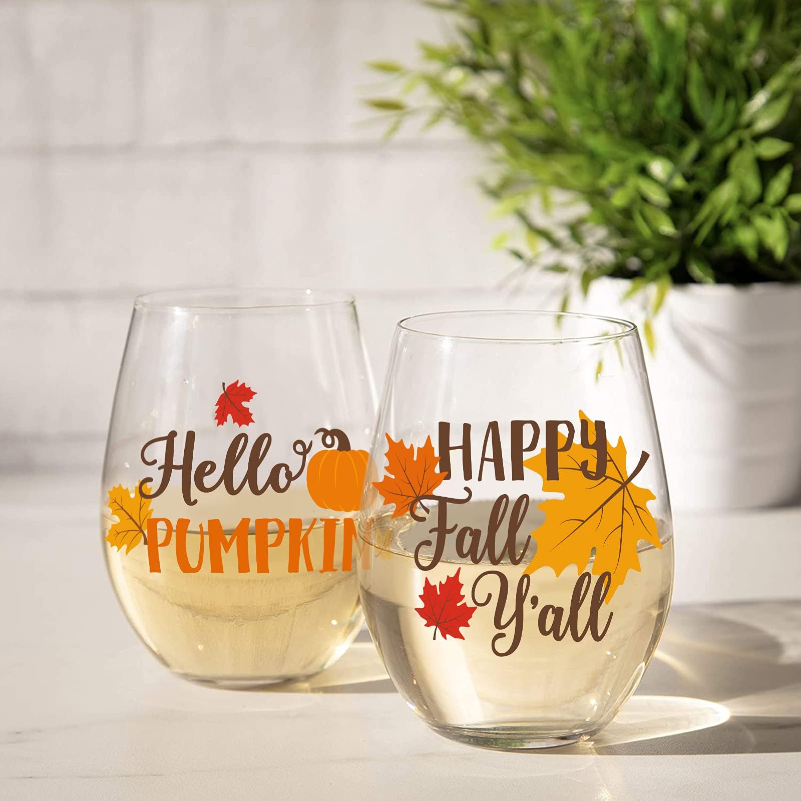 Fall Stemless Wine Glasses 20oz Happy Fall Y'all Hello Pumpkin Wine Glasses Housewarming Birthday Christmas Holiday Gifts Funny Thanksgiving Seasonal Kitchen Decor Wine Tasting Party Supplies