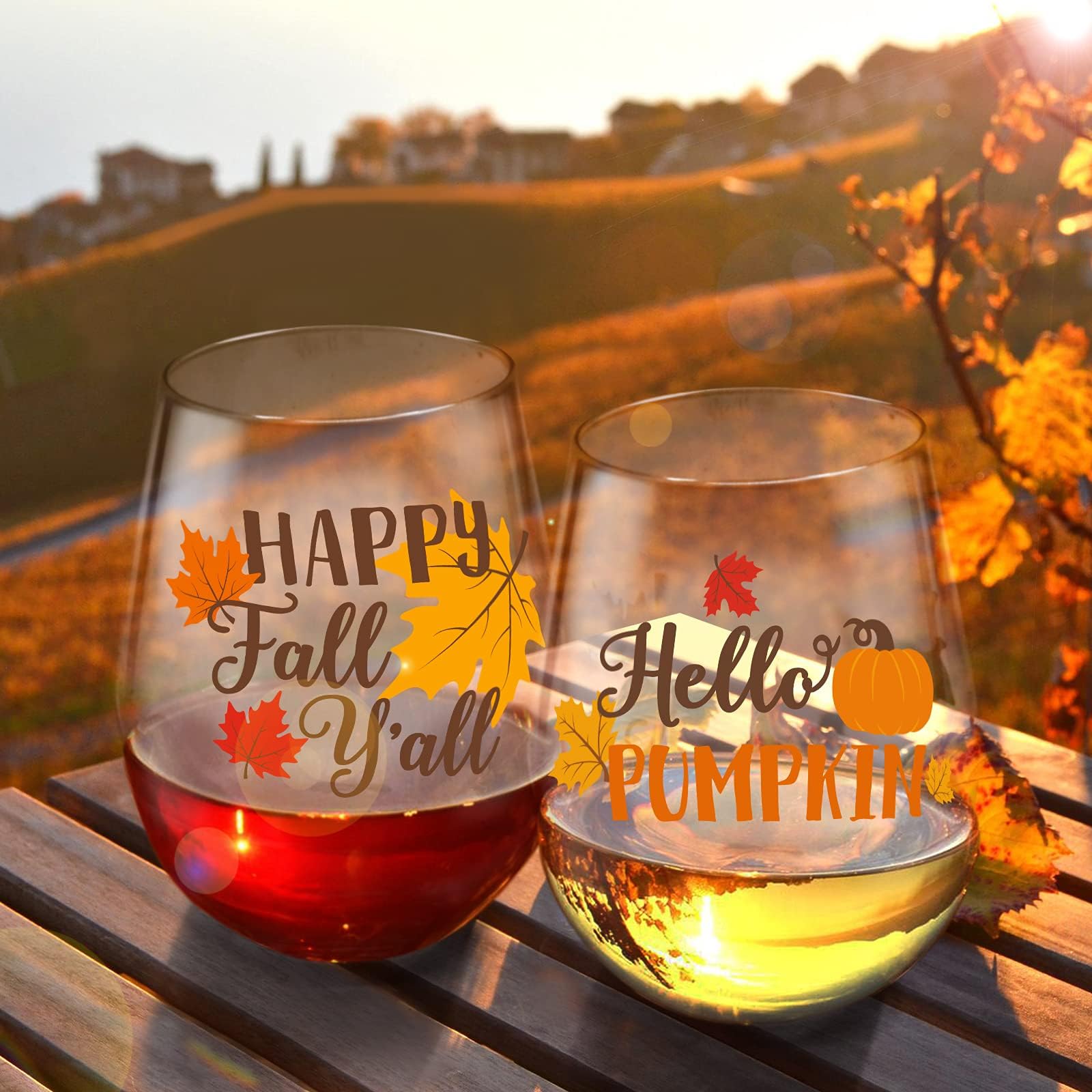 Fall Stemless Wine Glasses 20oz Happy Fall Y'all Hello Pumpkin Wine Glasses Housewarming Birthday Christmas Holiday Gifts Funny Thanksgiving Seasonal Kitchen Decor Wine Tasting Party Supplies