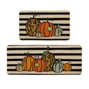 artoid mode watercolor stripes pumpkin decorative kitchen mats set of 2, home seasonal fall holiday party autumn harvest thanksgiving vintage low-profile floor mat - 17x29 and 17x47 inch