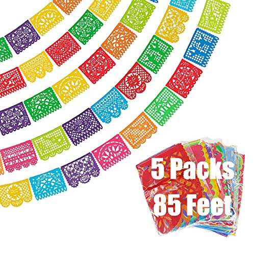 ECOOSTAR 5 Packs 85 Ft Mexican Party Banners, Large Plastic Papel Picado Banner, Mexican Themed Party Decorations For Cino de Mayo, Fiesta Party, Day of The Dead, 85 Feet Long in Total