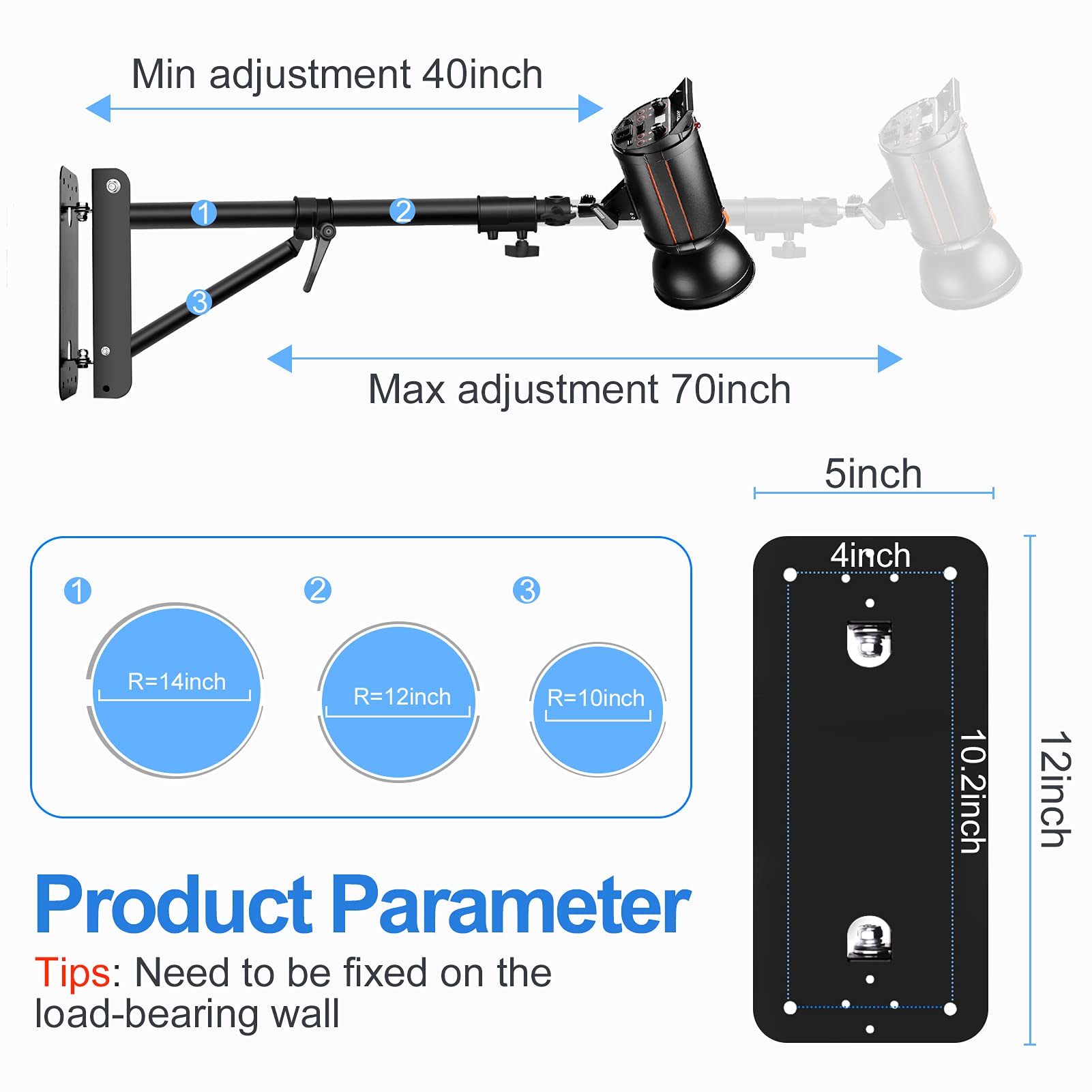 EMART Wall Mounting Triangle Boom Arm, Support 180° Flexible Rotation, Max Length 70.9 inches/180cm, Save Space, Photography Strobe Lighting Ring Light Softbox Reflector Umbrella Monolight