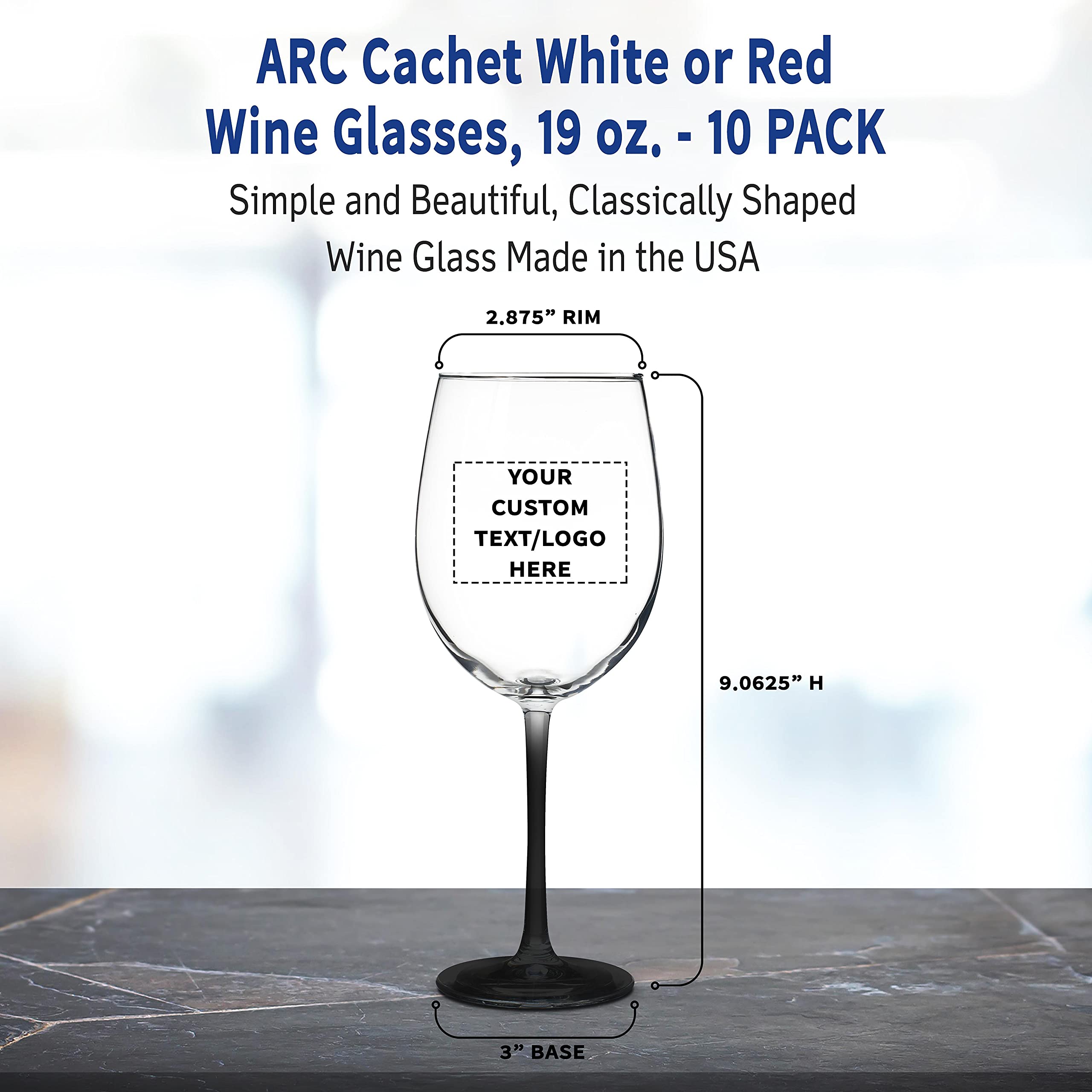 DISCOUNT PROMOS 10 ARC Cachet White Wine Glasses Set, 19 oz. - Customizable Text, Logo - Barware, Sturdy, Vibrant - Black