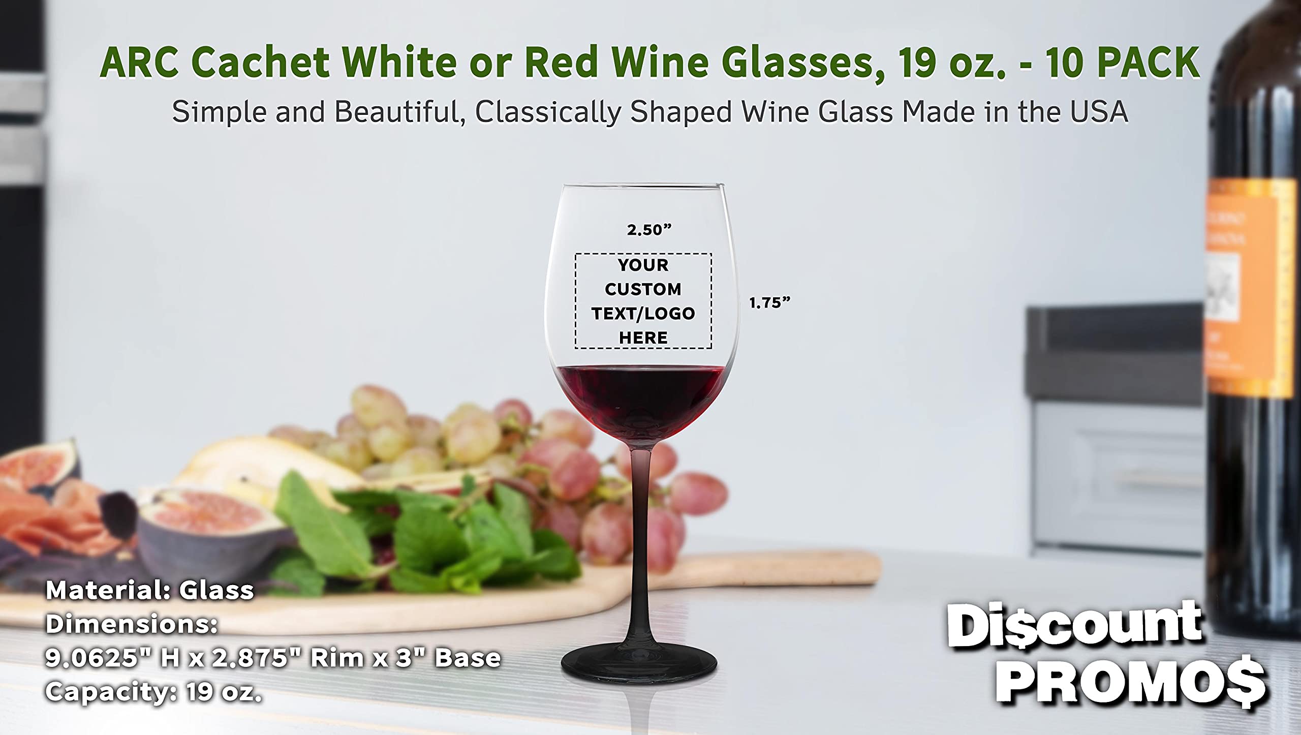 DISCOUNT PROMOS 10 ARC Cachet White Wine Glasses Set, 19 oz. - Customizable Text, Logo - Barware, Sturdy, Vibrant - Black