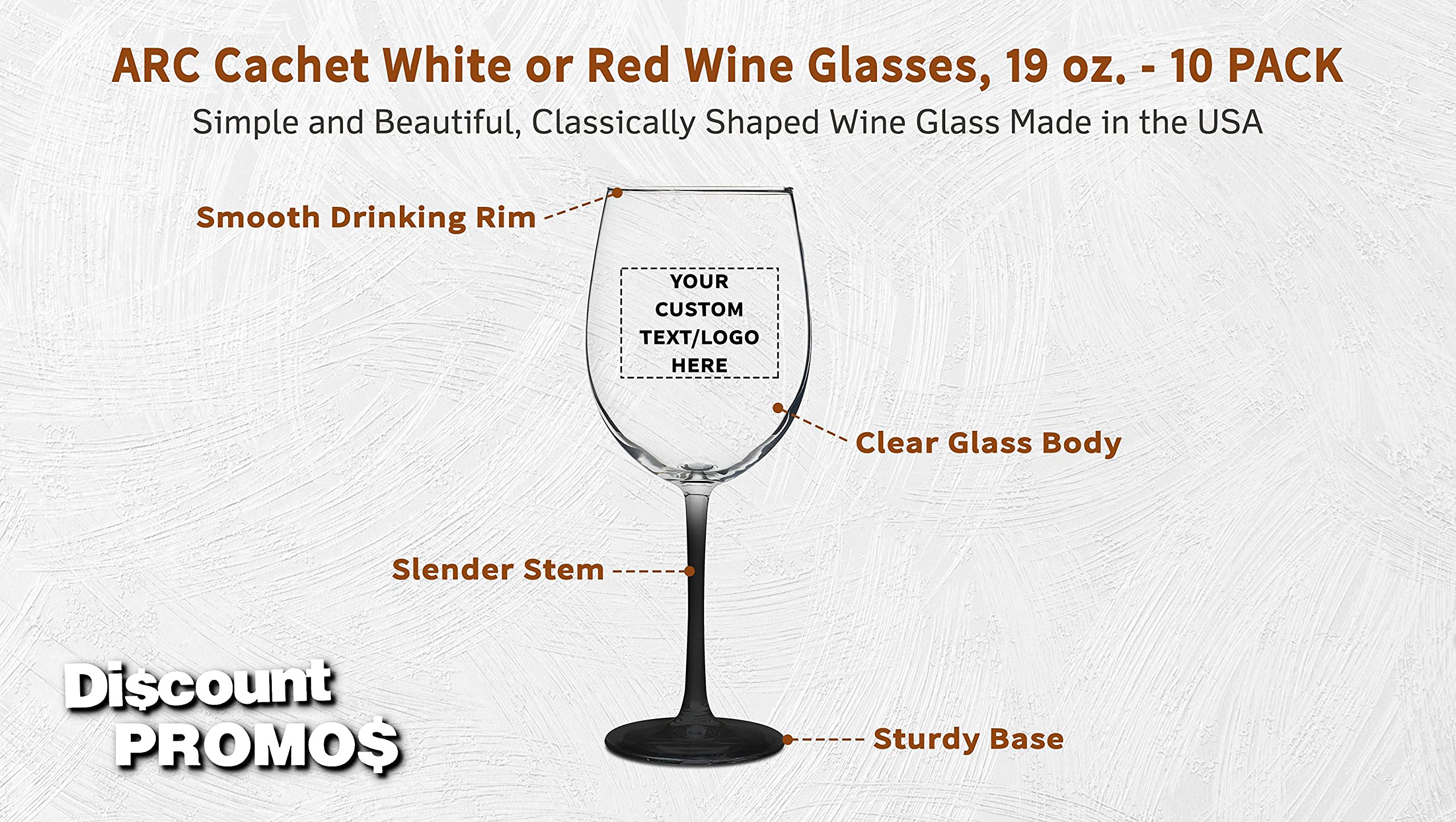 DISCOUNT PROMOS 10 ARC Cachet White Wine Glasses Set, 19 oz. - Customizable Text, Logo - Barware, Sturdy, Vibrant - Black