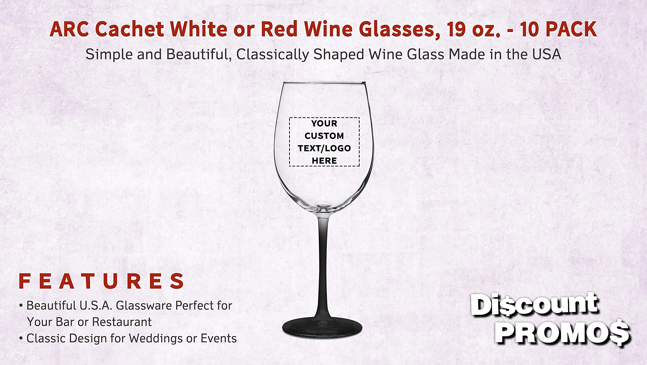 DISCOUNT PROMOS 10 ARC Cachet White Wine Glasses Set, 19 oz. - Customizable Text, Logo - Barware, Sturdy, Vibrant - Black