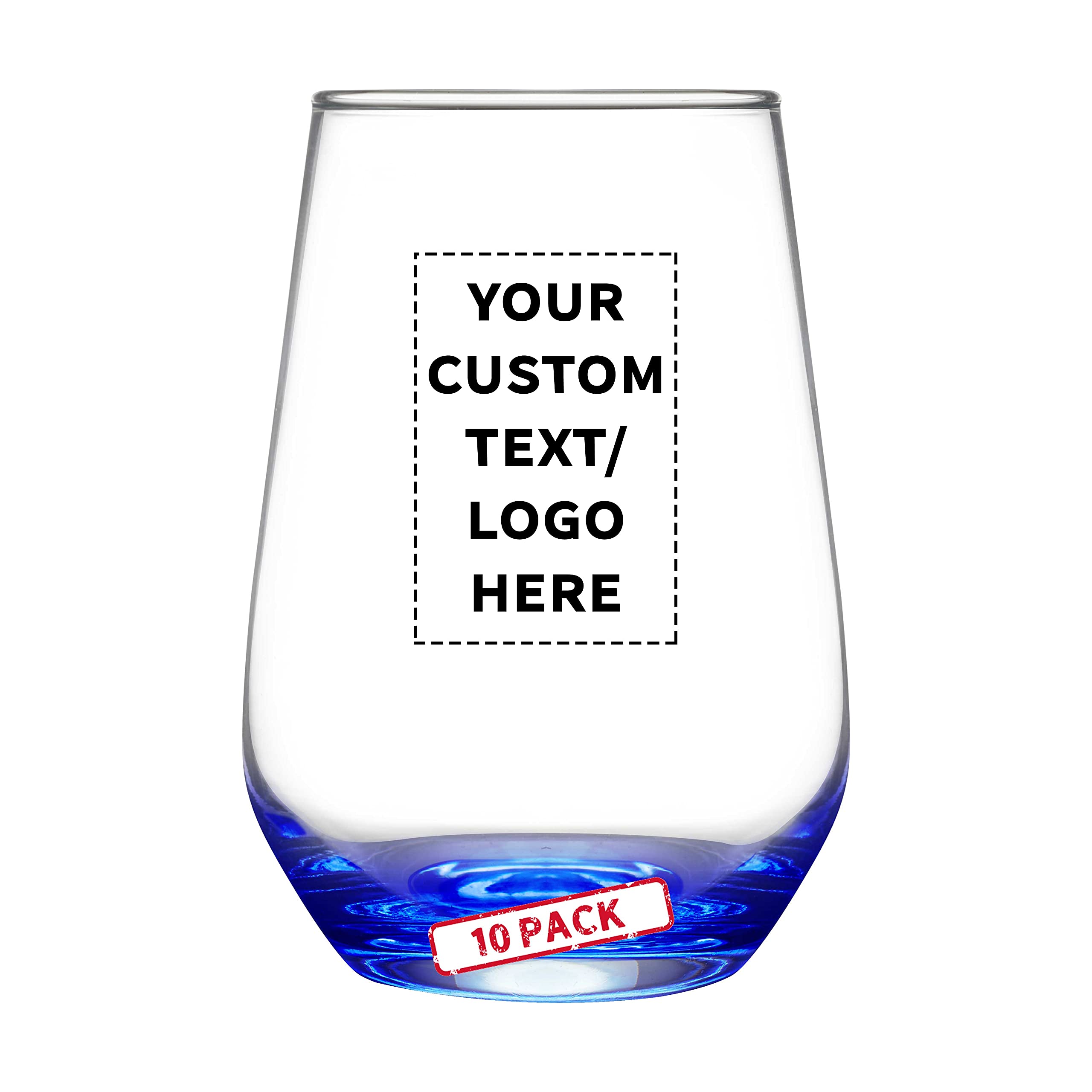 DISCOUNT PROMOS 10 Vaso Silicia Stemless Wine Glasses Set, 16 oz. - Personalized Text, Logo - Clear, Orb-Like, Thick base - Blue