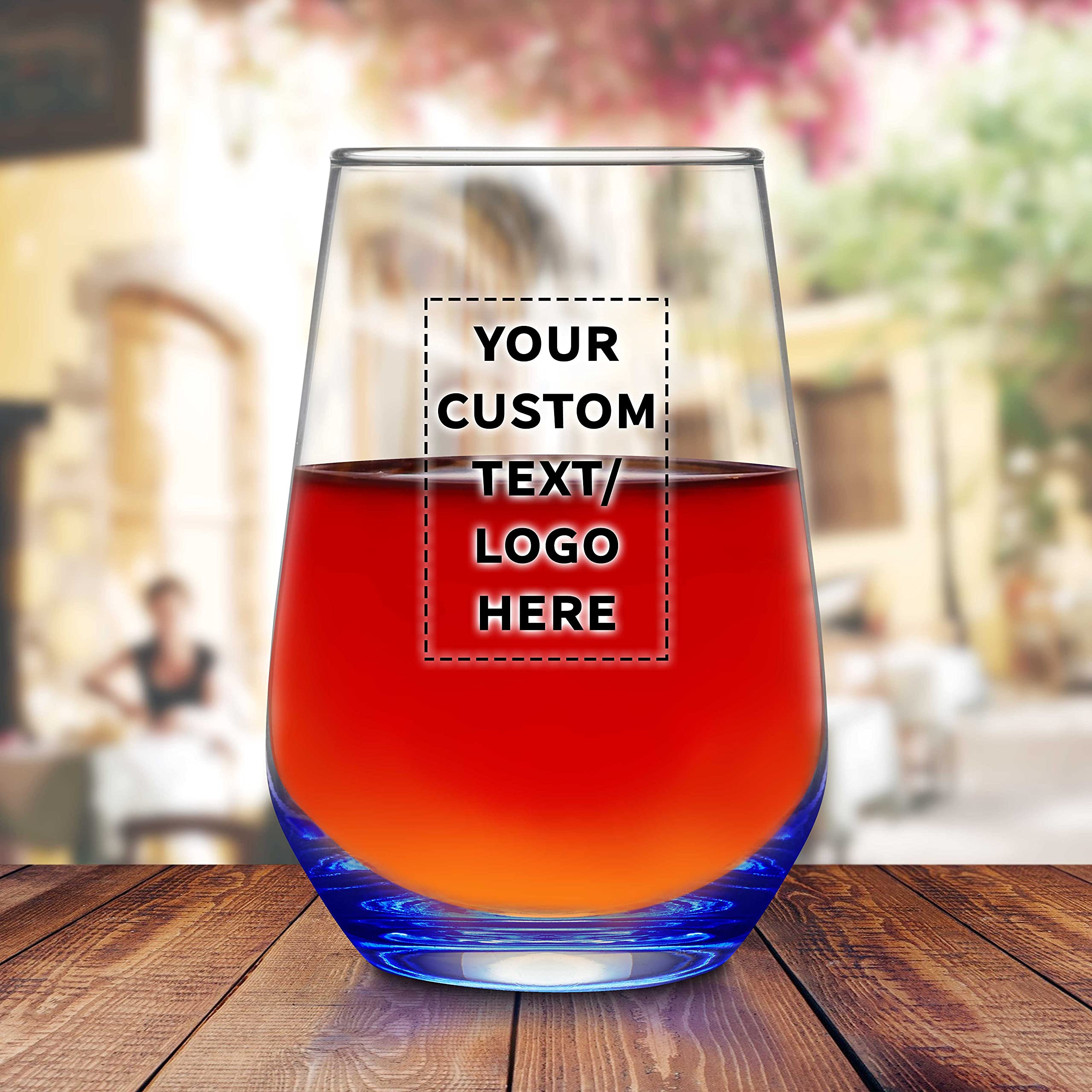 DISCOUNT PROMOS 10 Vaso Silicia Stemless Wine Glasses Set, 16 oz. - Personalized Text, Logo - Clear, Orb-Like, Thick base - Blue