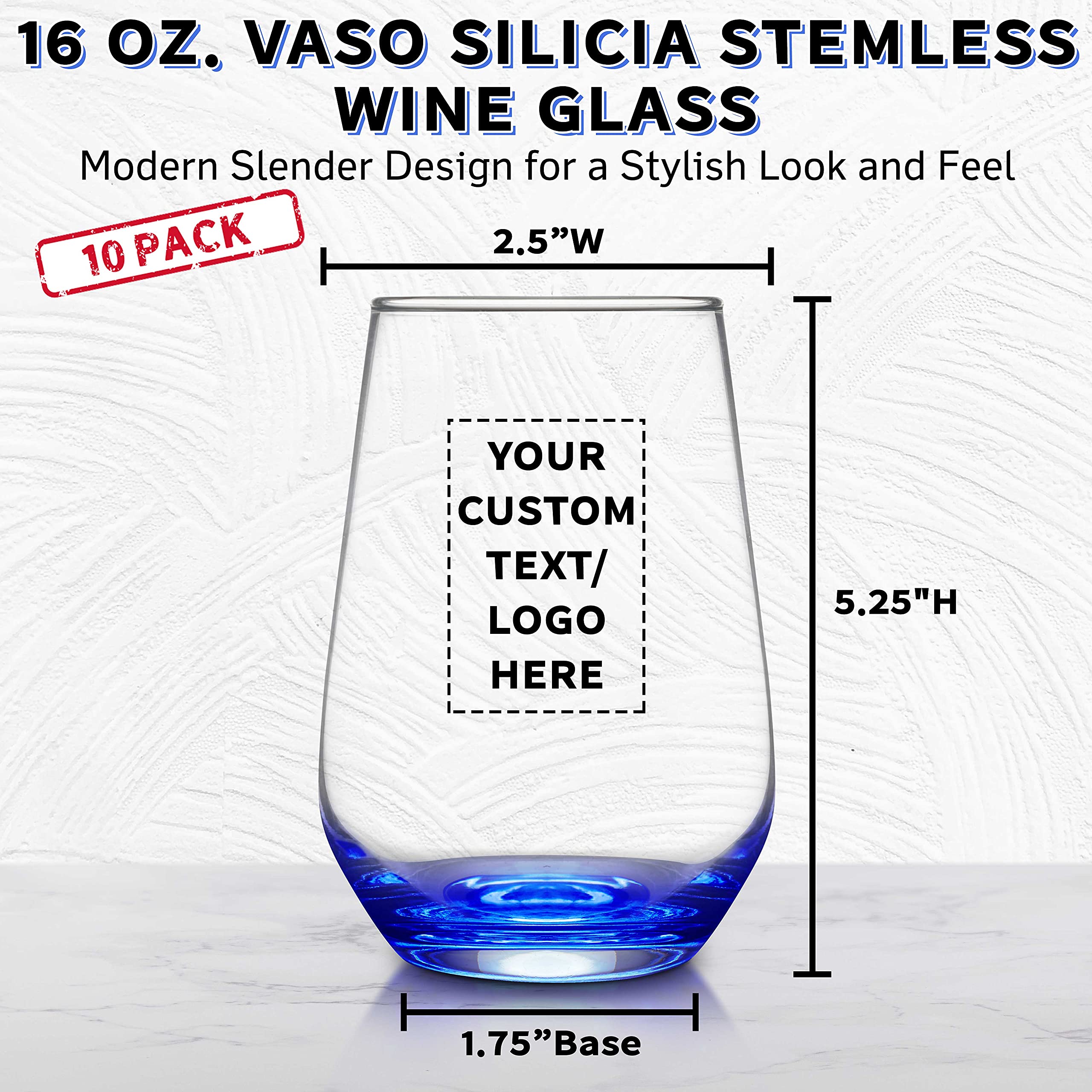 DISCOUNT PROMOS 10 Vaso Silicia Stemless Wine Glasses Set, 16 oz. - Personalized Text, Logo - Clear, Orb-Like, Thick base - Blue