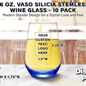 DISCOUNT PROMOS 10 Vaso Silicia Stemless Wine Glasses Set, 16 oz. - Personalized Text, Logo - Clear, Orb-Like, Thick base - Blue