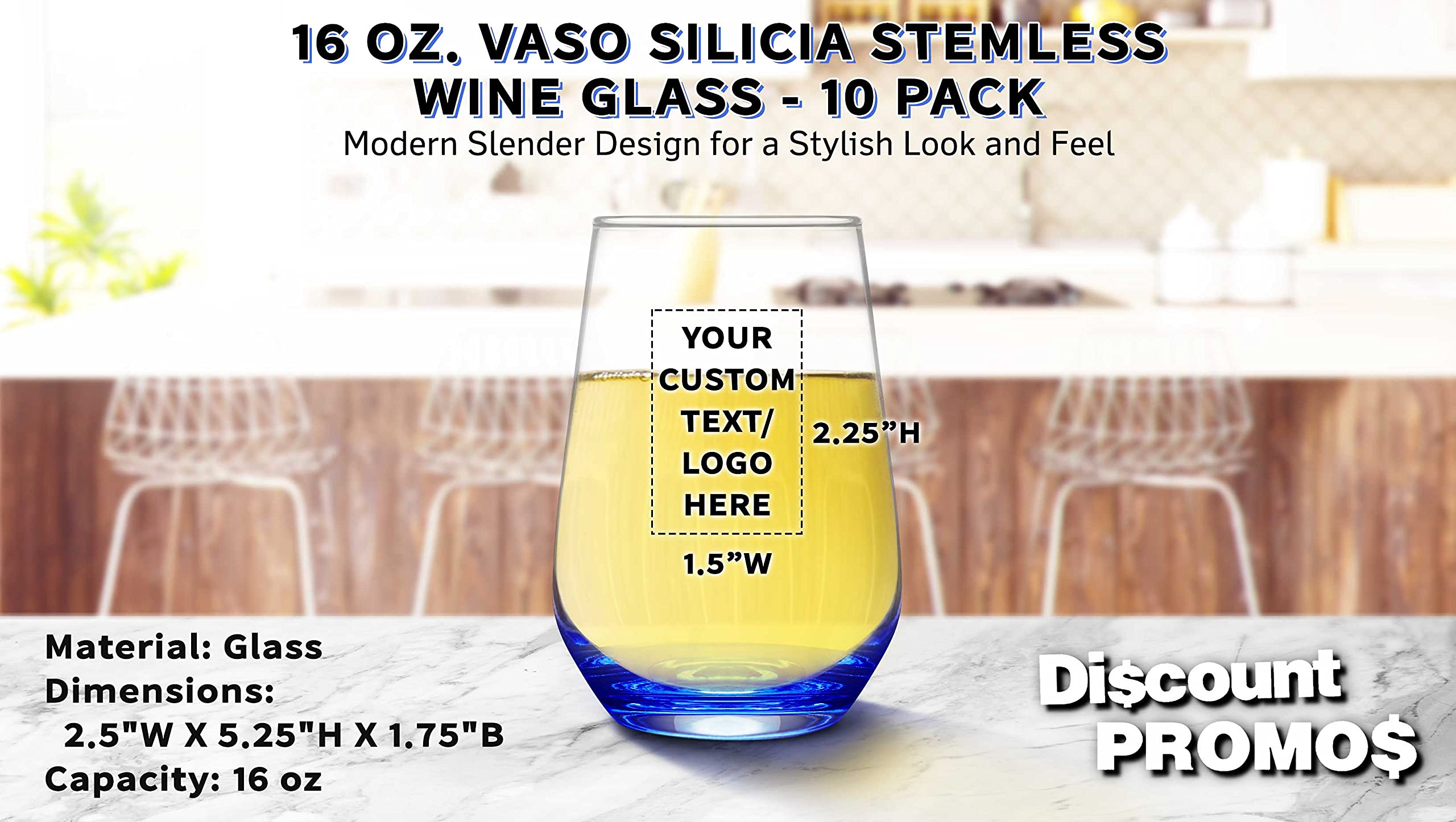 DISCOUNT PROMOS 10 Vaso Silicia Stemless Wine Glasses Set, 16 oz. - Personalized Text, Logo - Clear, Orb-Like, Thick base - Blue