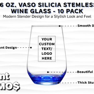 DISCOUNT PROMOS 10 Vaso Silicia Stemless Wine Glasses Set, 16 oz. - Personalized Text, Logo - Clear, Orb-Like, Thick base - Blue