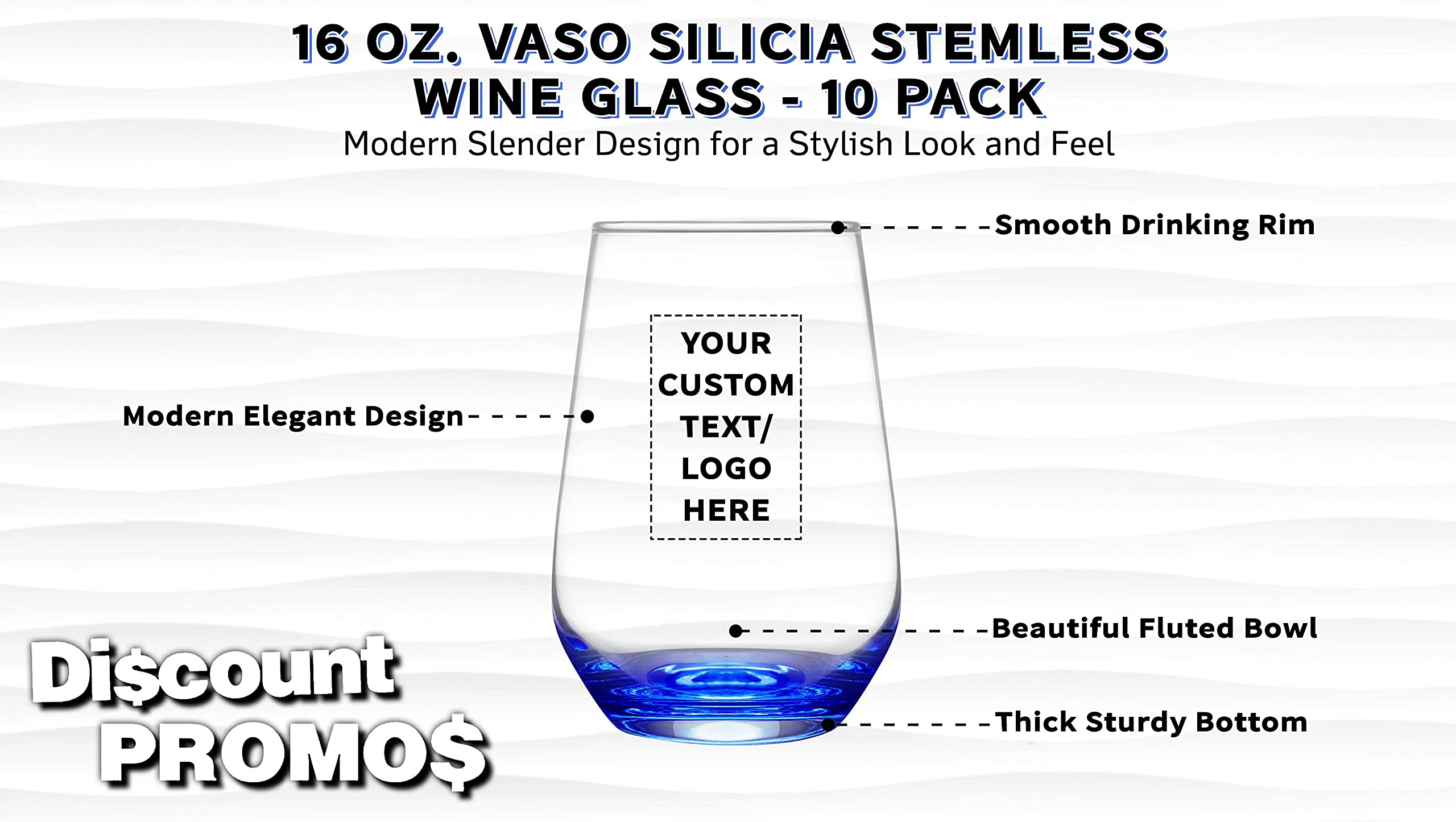 DISCOUNT PROMOS 10 Vaso Silicia Stemless Wine Glasses Set, 16 oz. - Personalized Text, Logo - Clear, Orb-Like, Thick base - Blue