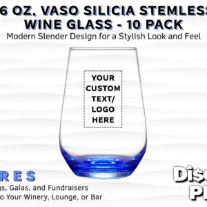 DISCOUNT PROMOS 10 Vaso Silicia Stemless Wine Glasses Set, 16 oz. - Personalized Text, Logo - Clear, Orb-Like, Thick base - Blue