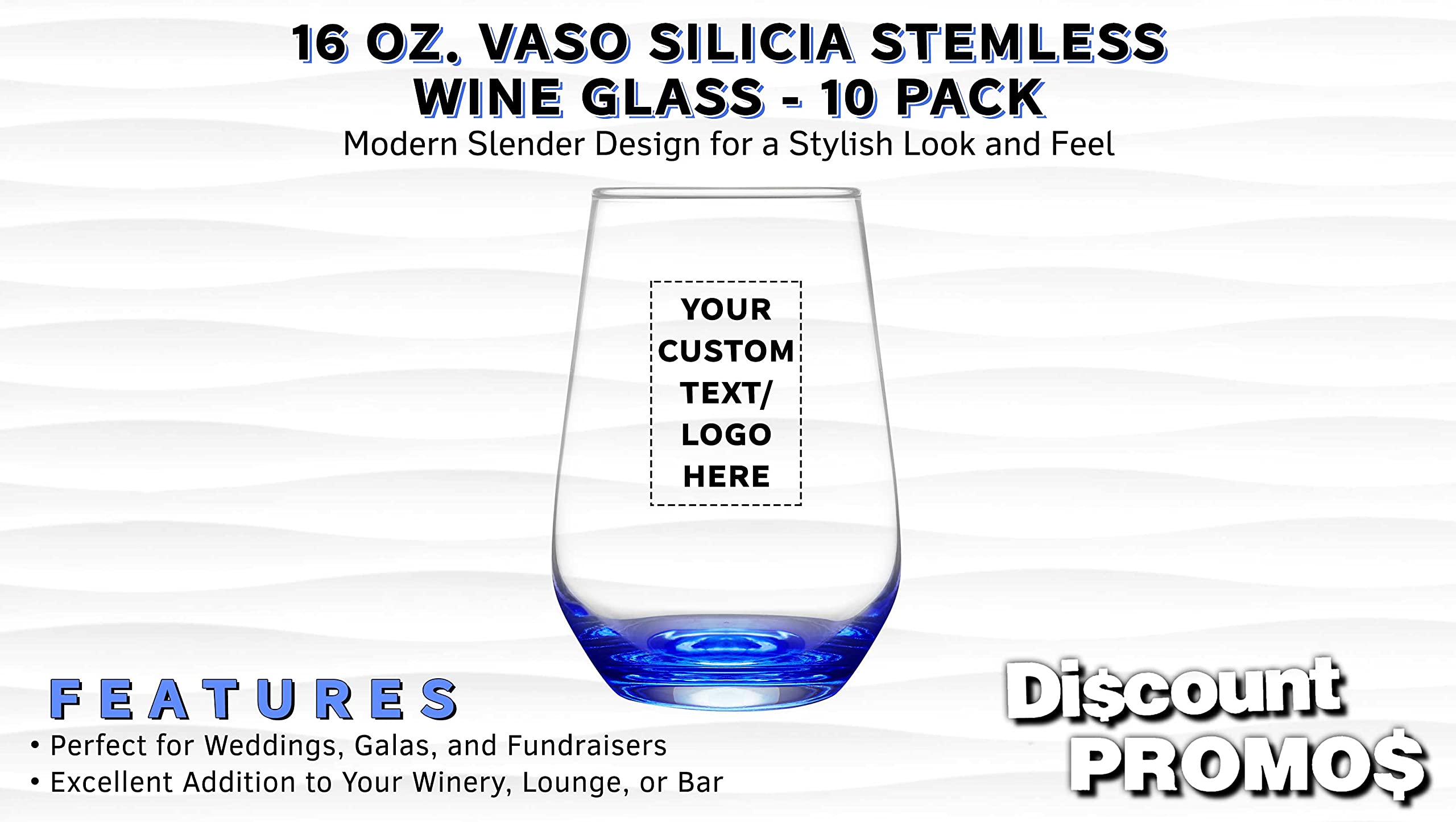 DISCOUNT PROMOS 10 Vaso Silicia Stemless Wine Glasses Set, 16 oz. - Personalized Text, Logo - Clear, Orb-Like, Thick base - Blue