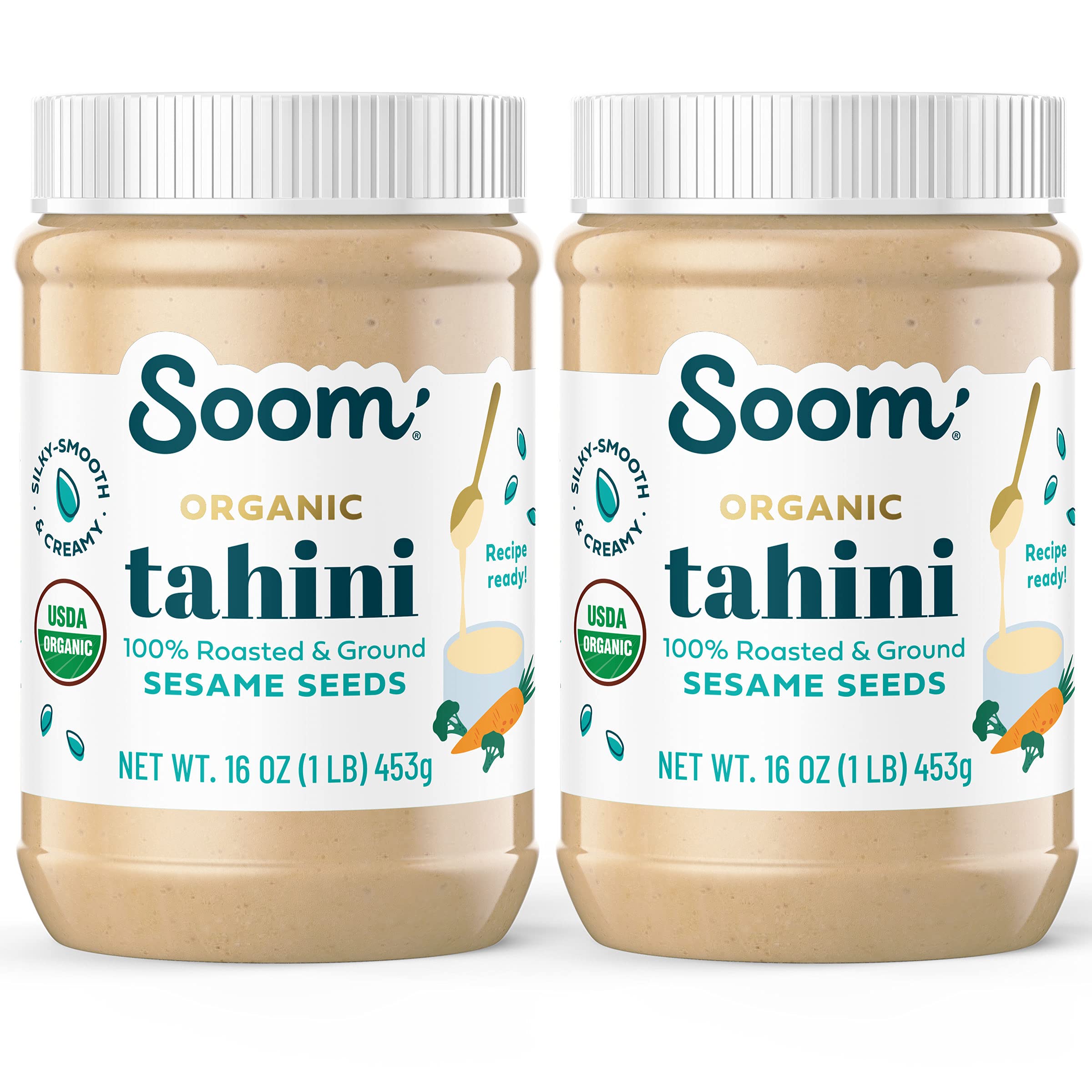 Soom Foods Organic Tahini 16oz (2 Pack) | Roasted & Ground Sesame Seed Paste | Creamy Texture for Hummus, Sauces, Dips, Salad Dressings | Vegan, Peanut-Free, Nut-Free, Gluten-Free, Dairy-Free, Keto, Paleo, Kosher | All-Natural