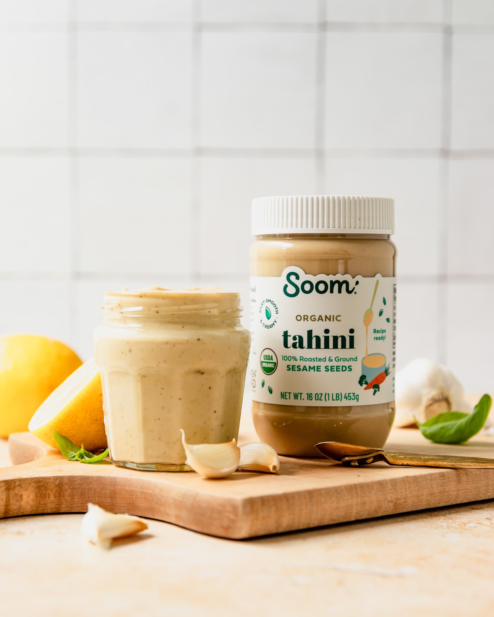 Soom Foods Organic Tahini 16oz (2 Pack) | Roasted & Ground Sesame Seed Paste | Creamy Texture for Hummus, Sauces, Dips, Salad Dressings | Vegan, Peanut-Free, Nut-Free, Gluten-Free, Dairy-Free, Keto, Paleo, Kosher | All-Natural