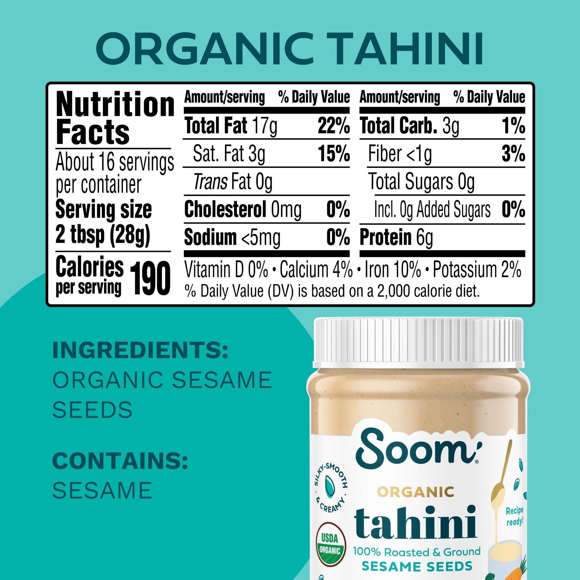 Soom Foods Organic Tahini 16oz (2 Pack) | Roasted & Ground Sesame Seed Paste | Creamy Texture for Hummus, Sauces, Dips, Salad Dressings | Vegan, Peanut-Free, Nut-Free, Gluten-Free, Dairy-Free, Keto, Paleo, Kosher | All-Natural