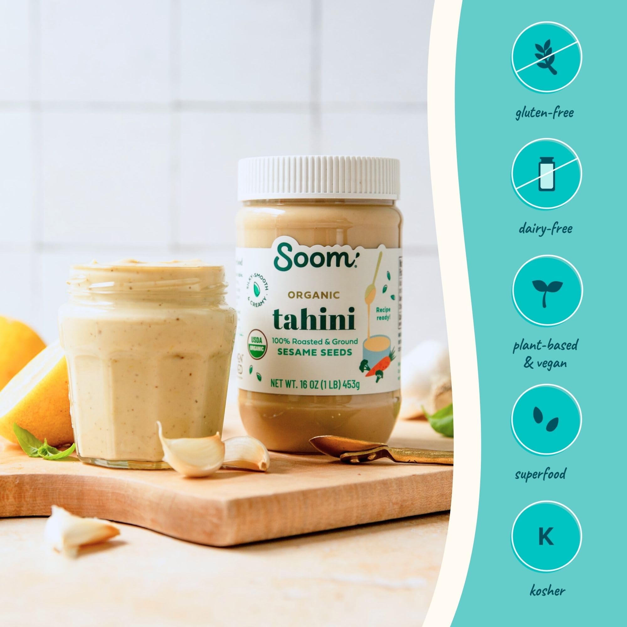 Soom Foods Organic Tahini 16oz (2 Pack) | Roasted & Ground Sesame Seed Paste | Creamy Texture for Hummus, Sauces, Dips, Salad Dressings | Vegan, Peanut-Free, Nut-Free, Gluten-Free, Dairy-Free, Keto, Paleo, Kosher | All-Natural