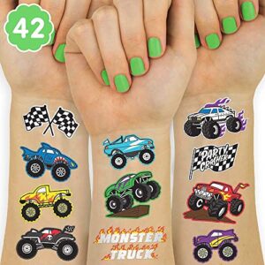 xo, fetti monster truck party supplies temporary tattoos - 42 metallic styles | trucks, big cars, finish lines + flames
