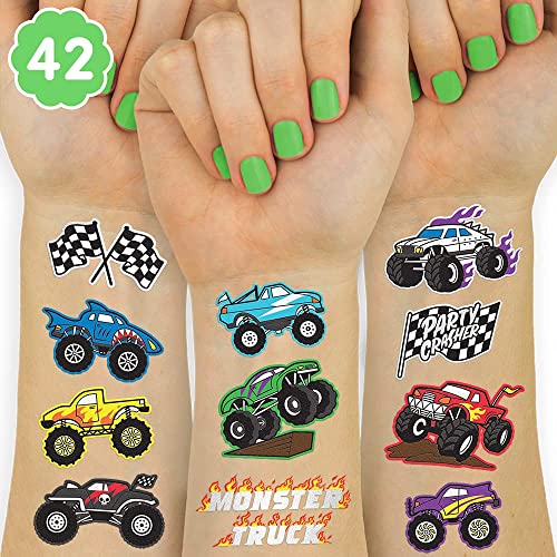 xo, Fetti Monster Truck Party Supplies Temporary Tattoos - 42 Metallic Styles | Trucks, Big Cars, Finish Lines + Flames