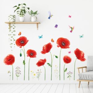 decowall ds9-2104 5 large poppy wall stickers red flower butterfly decals removable for nursery bedroom living room art home decor murals decoration