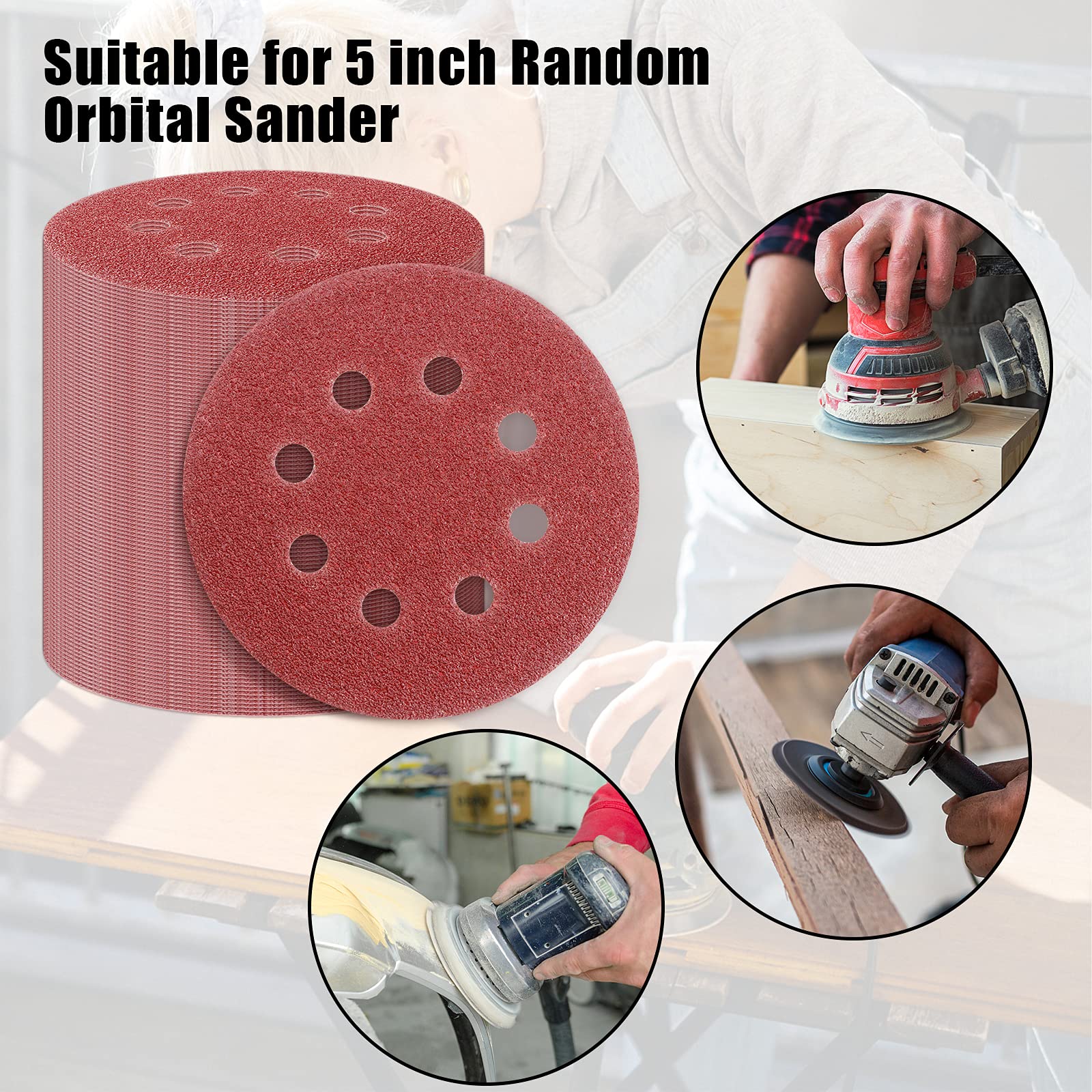 100 PCS 5 Inch Sanding Disc 40 Grit, 8 Hole Sandpaper Hook and Loop Sanding Pads Round Orbital Sandpaper for Random Orbital Sander