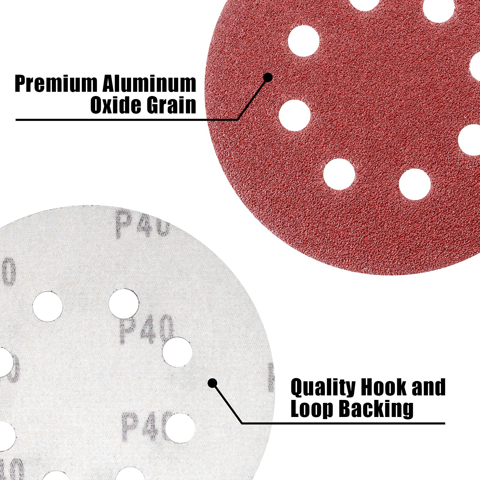 100 PCS 5 Inch Sanding Disc 40 Grit, 8 Hole Sandpaper Hook and Loop Sanding Pads Round Orbital Sandpaper for Random Orbital Sander