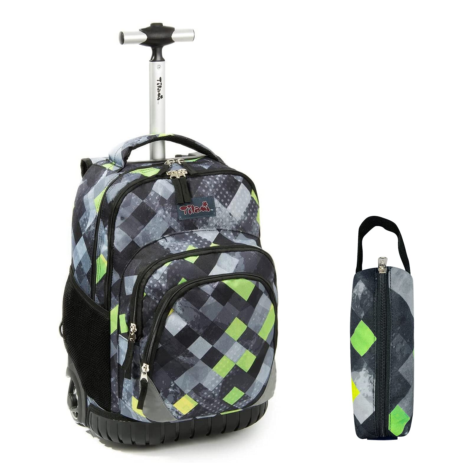 Tilami Rolling Backpack 18 Inch with Pencil Case School for Boys Girls (Green Plaid)