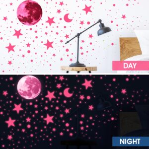 Zonon 1630 Pieces Glow in The Dark Ceiling Star Glow in The Dark Moon and Stars Wall Decals Luminous Stickers for Bedroom Boys Girls Nursery Living Room (Fluorescent Pink)