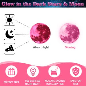 Zonon 1630 Pieces Glow in The Dark Ceiling Star Glow in The Dark Moon and Stars Wall Decals Luminous Stickers for Bedroom Boys Girls Nursery Living Room (Fluorescent Pink)