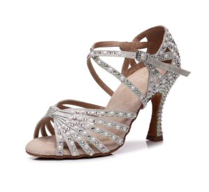 goettin latin dance shoes salsa wedding high heel shoes 3.35 inch suede sole rhinestone pumps pearl decoration for women