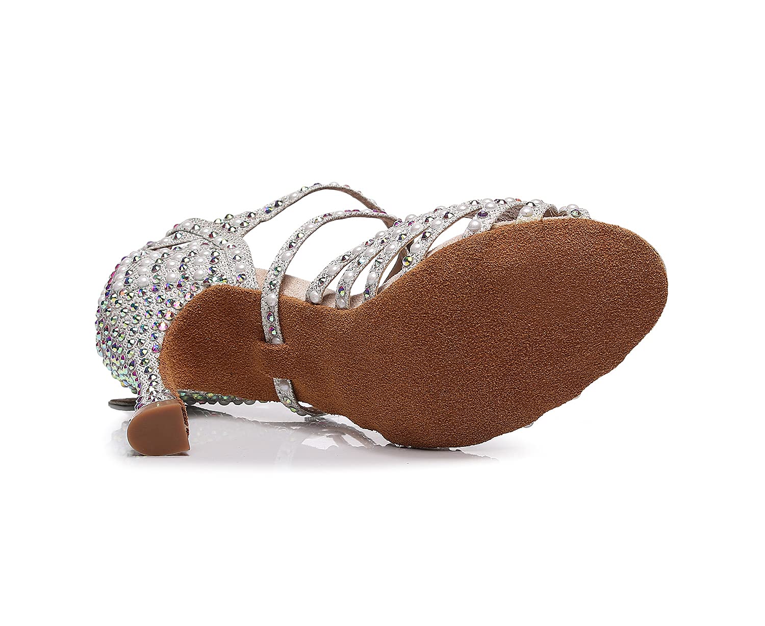 Goettin Latin Dance Shoes Salsa Wedding High Heel Shoes 3.35 inch Suede Sole Rhinestone Pumps Pearl Decoration for Women