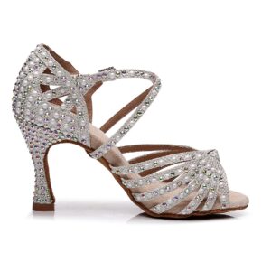 Goettin Latin Dance Shoes Salsa Wedding High Heel Shoes 3.35 inch Suede Sole Rhinestone Pumps Pearl Decoration for Women