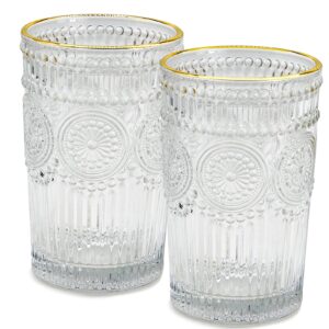 tossow vintage sunflower glass cups, glassware drinking set of 2, coffee wine clear mug(15.5 oz)