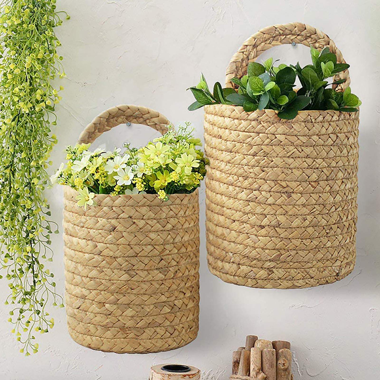 HUIKJI 2Pcs Water Hyacinth Hanging Baskets,Hand Woven Baskets for Plants & Accessories,Wall Hanging Small Storage Baskets Natural Sea Weed Baskets Garden Plant Baskets