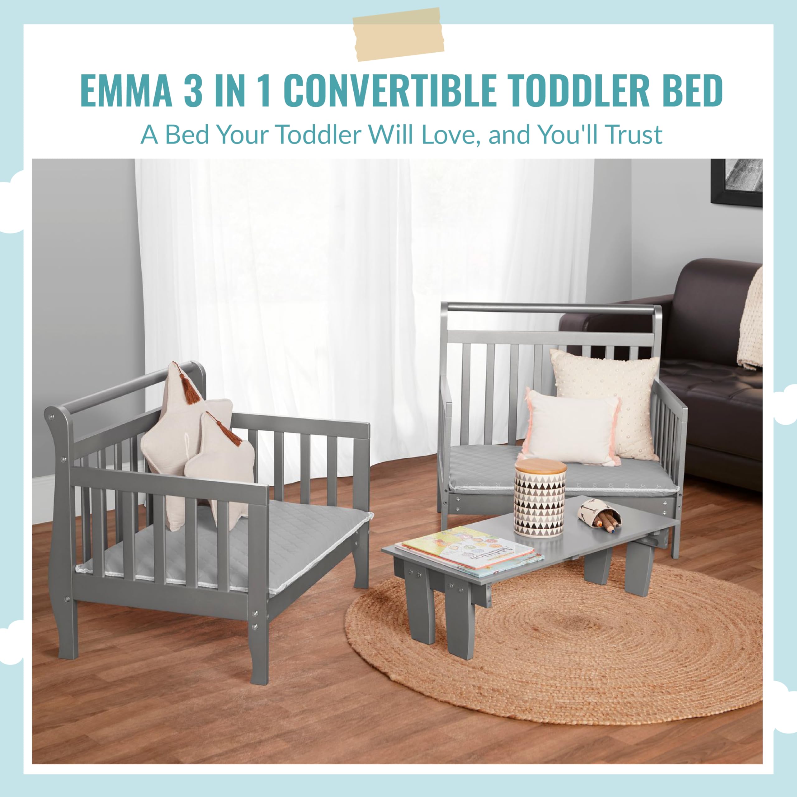 Dream On Me Emma 3-in-1 Convertible Toddler Bed in Storm Grey, Converts to Two Chairs and-Table, Low to Floor Design, JPMA Certified, Non-Toxic Finishes, Safety Rails