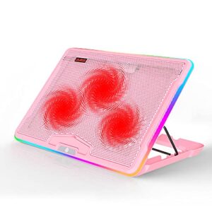nacodex pink rgb laptop cooling pad with 3 quiet led fans and touch control for 15.6"-17" laptop, adjustable comfortable height portable cooler, durable pure metal panel (pink)
