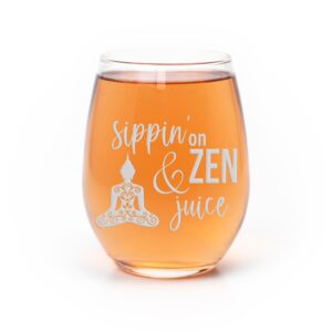 sippin on zen and juice yoga stemless wine glass - yoga gift, namaste, gift for relaxation, pun gift, wine lover, her, mother, best friend gift, music gift