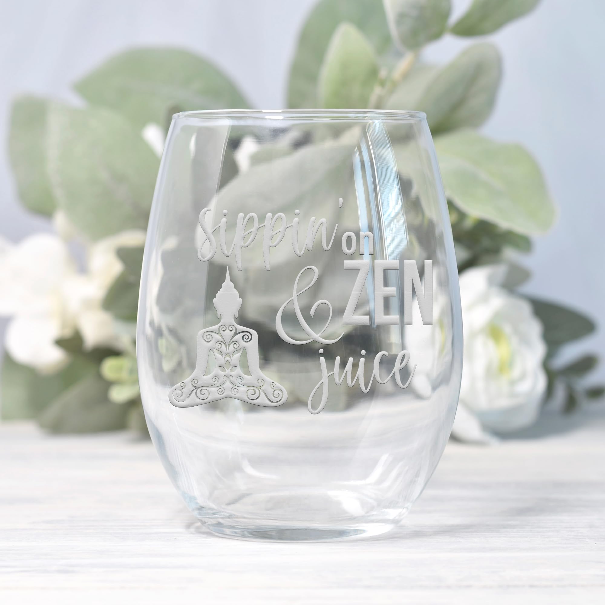 Sippin on Zen and Juice Yoga Stemless Wine Glass - Yoga Gift, Namaste, Gift For Relaxation, Pun Gift, Wine Lover, Her, Mother, Best Friend Gift, Music Gift