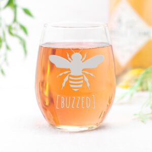 Bumble Bee Buzzed Stemless Wine Glass - Wine Glass, Gift, Funny, Cute, Buzzed, Bumble Bee, Bumblebee, Wine, Adorable