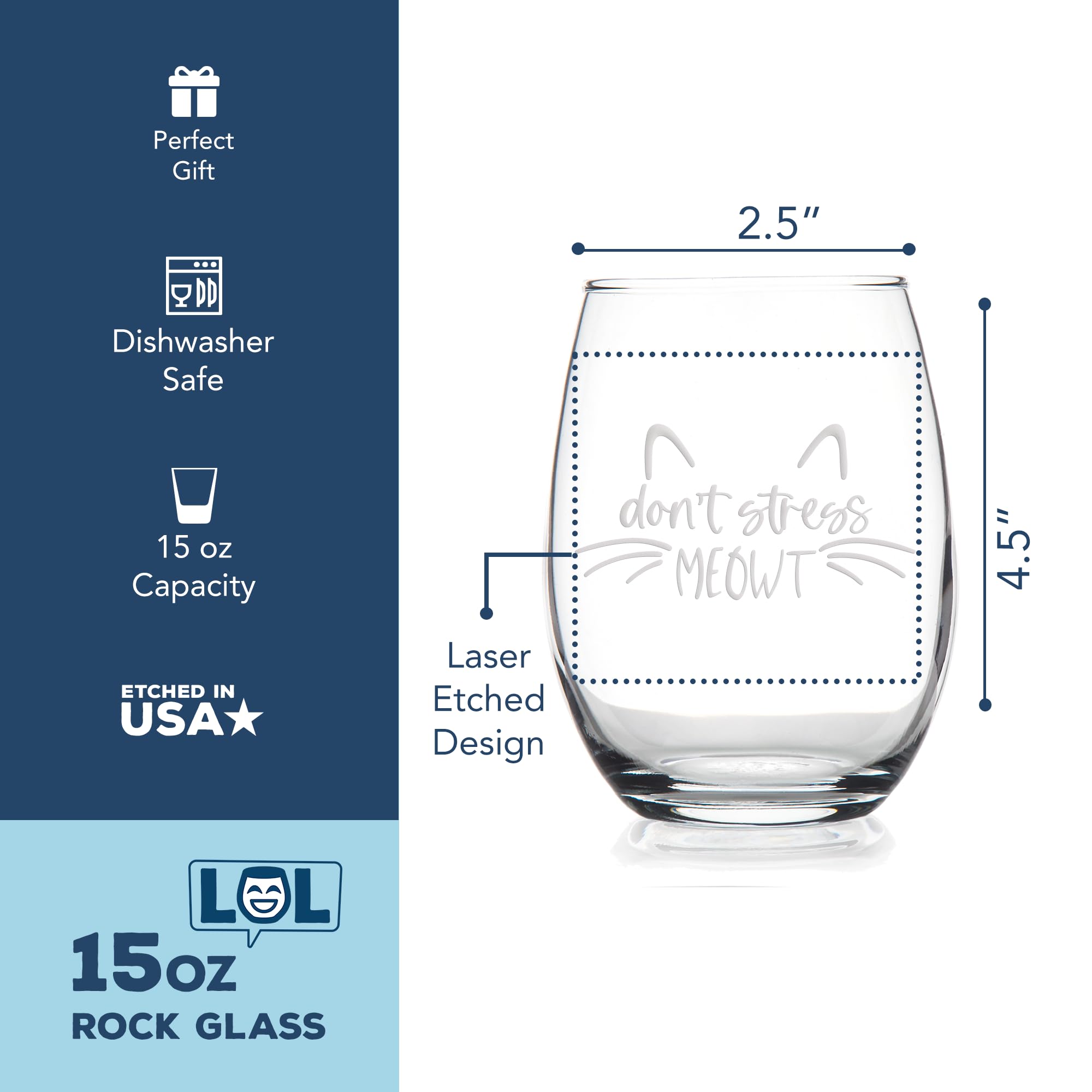 Dont Stress Meowt Cat Lover Stemless Wine Glass - Kitten, Cat Lover, Cat Gift, Pet Gift, Cat Wine Glass