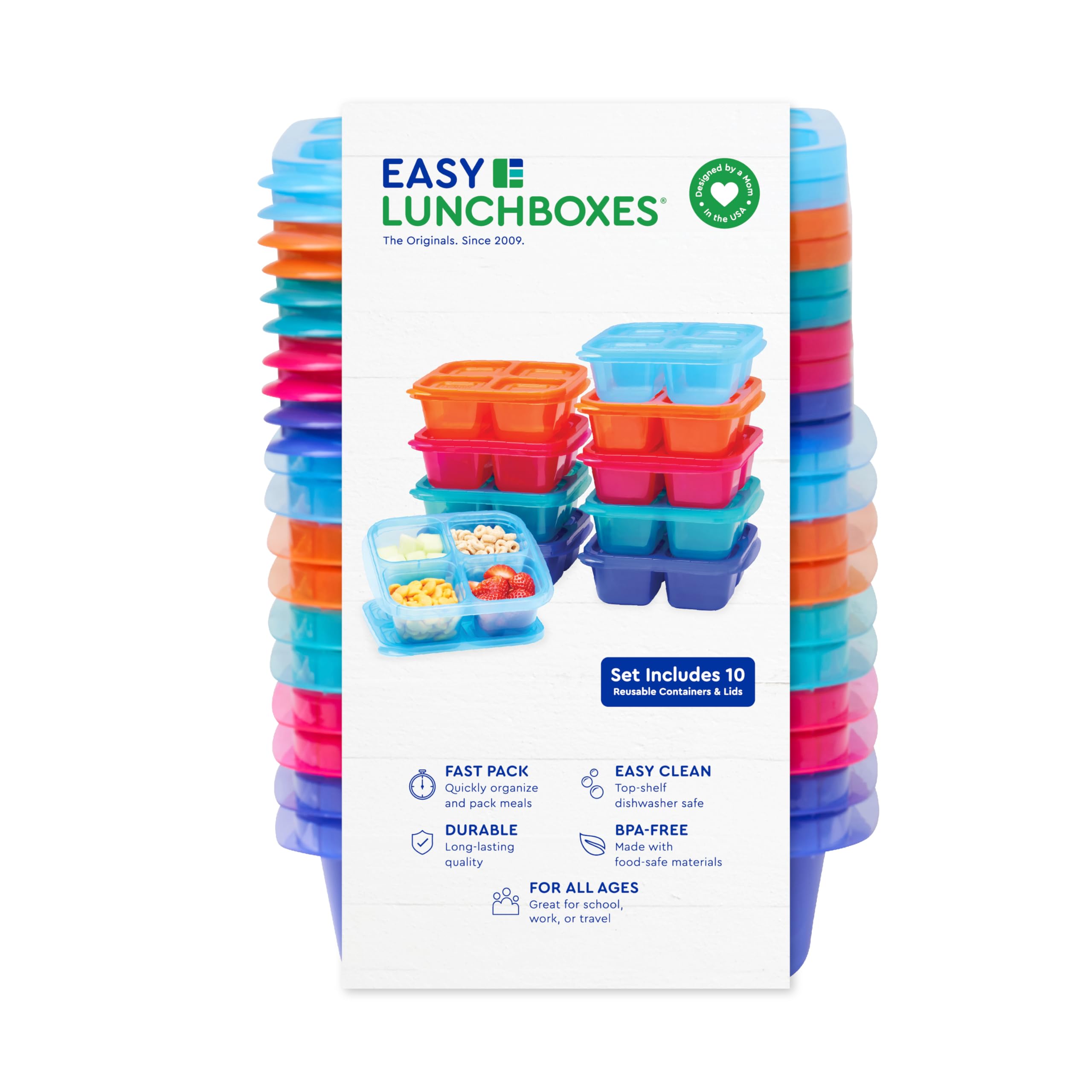 EasyLunchboxes® - Original Stackable Snack Boxes - Reusable 4-Compartment Bento Snack Containers for Kids and Adults, BPA-Free and Microwave Safe Food and Meal Prep Storage, Set of 10 (Jewel Brights)