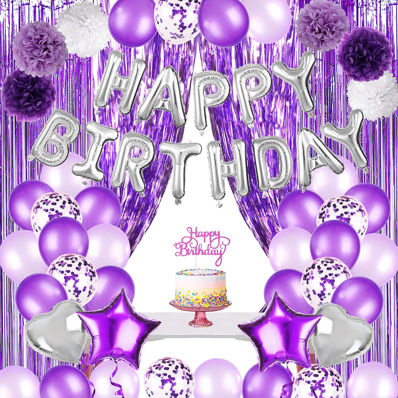 JOYYPOP Purple Birthday Decorations for Women or Girl,Purple Birthday Party Decorations with Happy Birthday Balloons,Happy Birthday Cake Topper, Paper Pompoms for Baby Shower Birthday Party