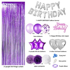 JOYYPOP Purple Birthday Decorations for Women or Girl,Purple Birthday Party Decorations with Happy Birthday Balloons,Happy Birthday Cake Topper, Paper Pompoms for Baby Shower Birthday Party