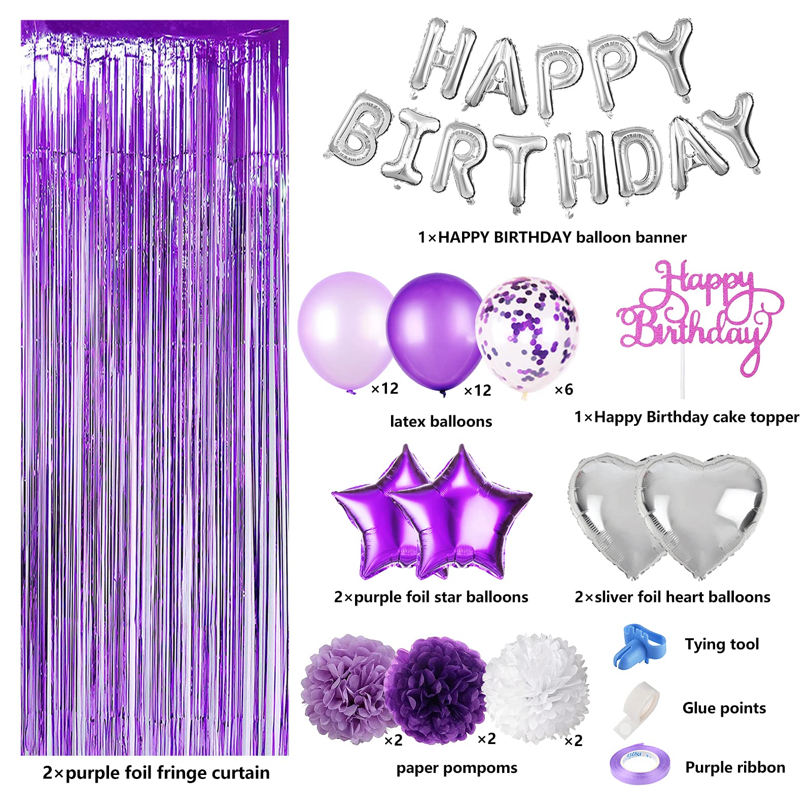 JOYYPOP Purple Birthday Decorations for Women or Girl,Purple Birthday Party Decorations with Happy Birthday Balloons,Happy Birthday Cake Topper, Paper Pompoms for Baby Shower Birthday Party