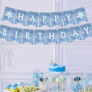 snowflake and frozen happy birthday banner （already assembled）blue & white, snow and frozen theme birthday party supplies， winter wonderland snow princess birthday party decorations for girl and kids